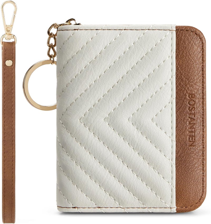 Bostanten Credit Card Holder Wallet RFID Blocking Leather Small Wallet for Women Zipper Keychain Wallet with Wristlet Beige＆Brown - Image 1